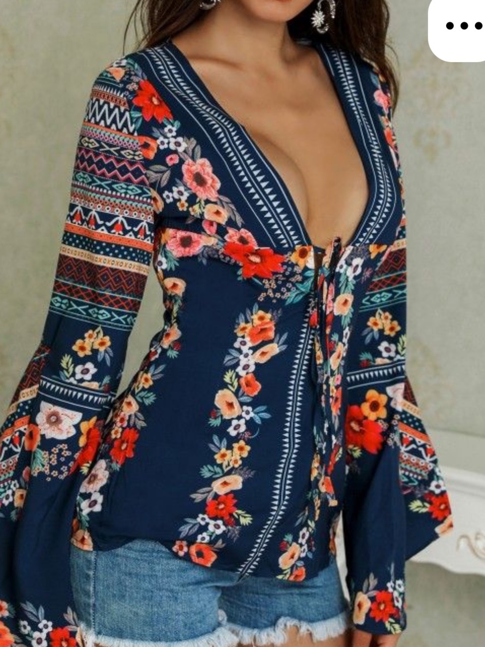 CBR Navy Floral V-Neck Tie-Front Women's Top